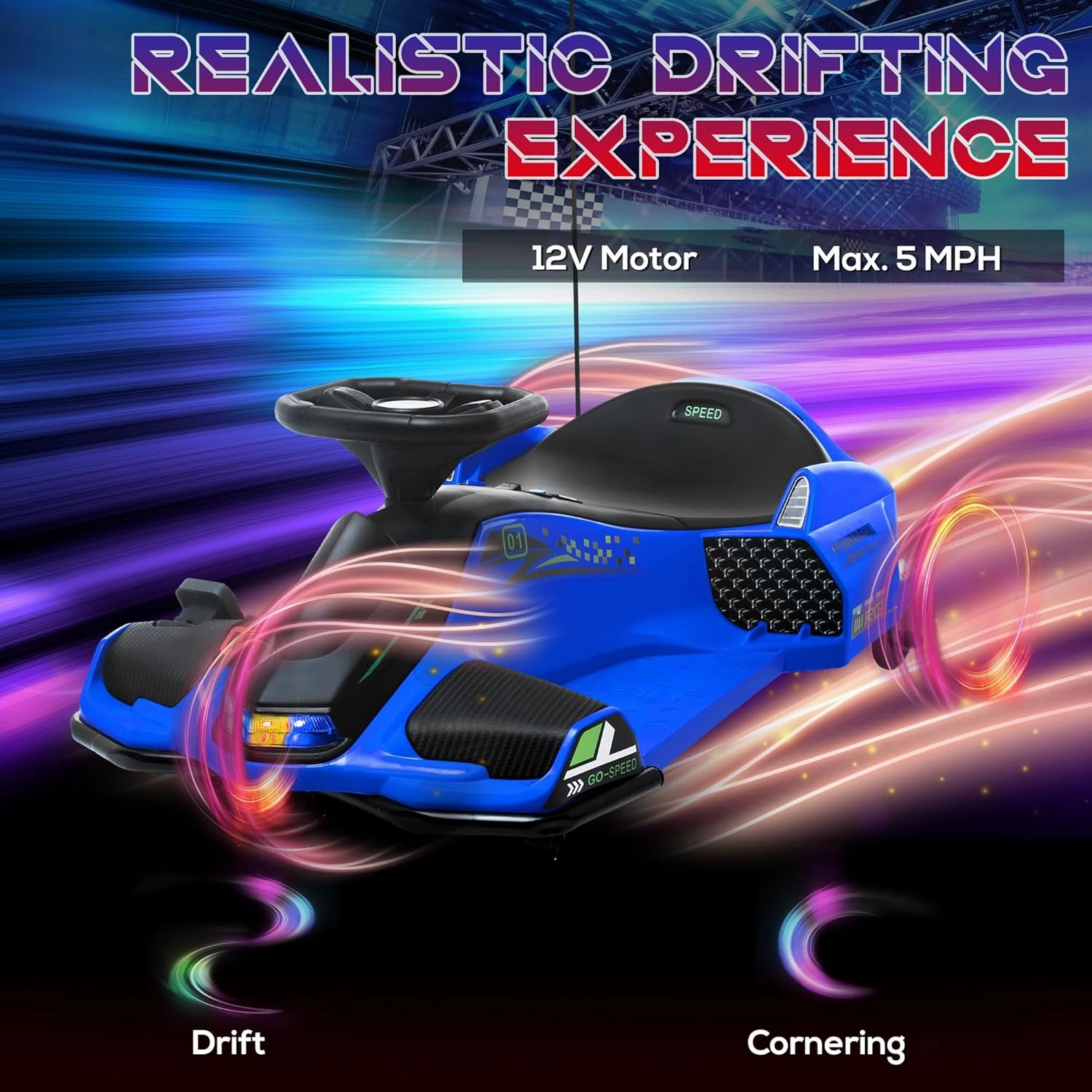 Aosom 12V Electric Go Kart, 5 MPH Drifting Car, Battery Powered Ride on Toy Outdoor with Slow Start, Music, Colorful Lights, for 8-12 Years Old, Blue