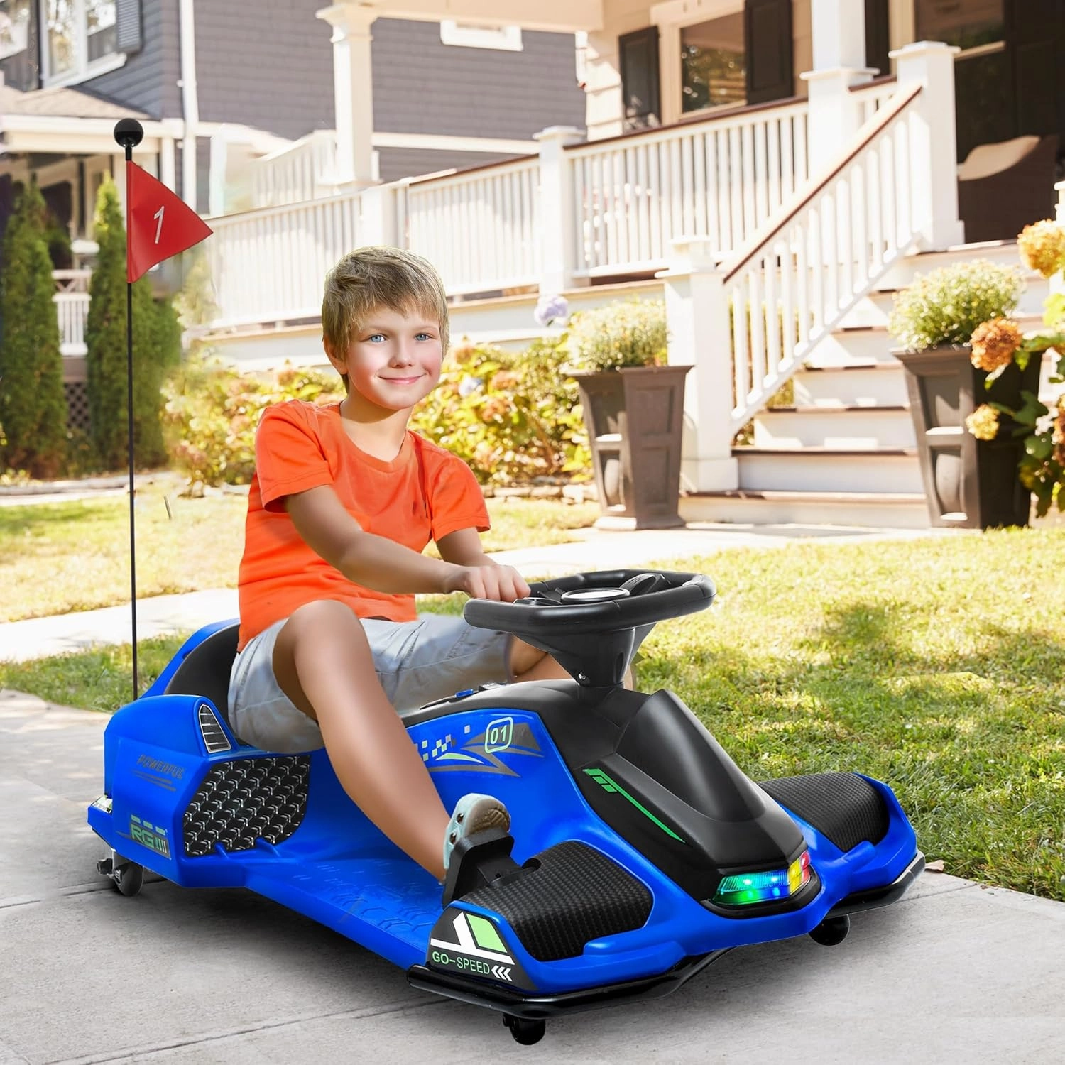 Aosom 12V Electric Go Kart, 5 MPH Drifting Car, Battery Powered Ride on Toy Outdoor with Slow Start, Music, Colorful Lights, for 8-12 Years Old, Blue