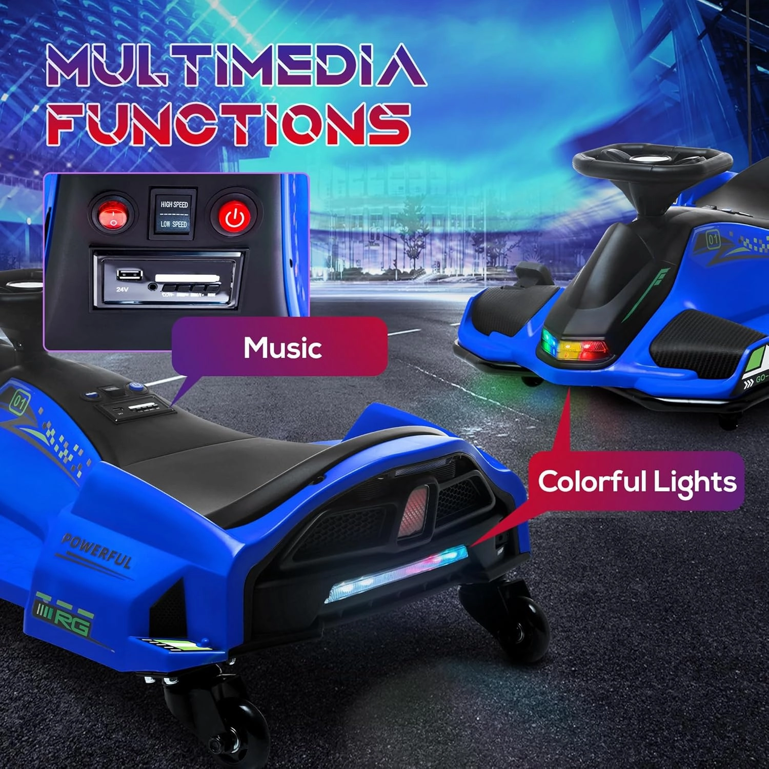 Aosom 12V Electric Go Kart, 5 MPH Drifting Car, Battery Powered Ride on Toy Outdoor with Slow Start, Music, Colorful Lights, for 8-12 Years Old, Blue