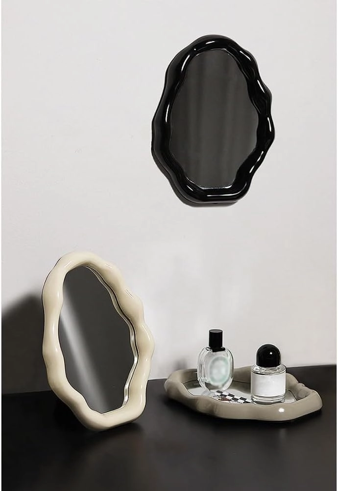APLUSH 10.6 * 8.1in, Irregular Makeup Mirror, Tabletop Vanity Mirror Aesthetic Hanging Wall Mirror(Color:Brown)