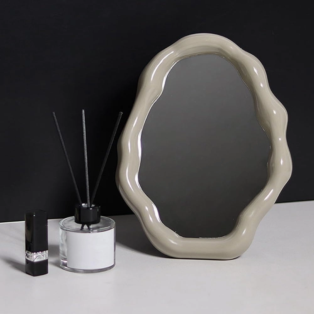 APLUSH 10.6 * 8.1in, Irregular Makeup Mirror, Tabletop Vanity Mirror Aesthetic Hanging Wall Mirror(Color:Brown)