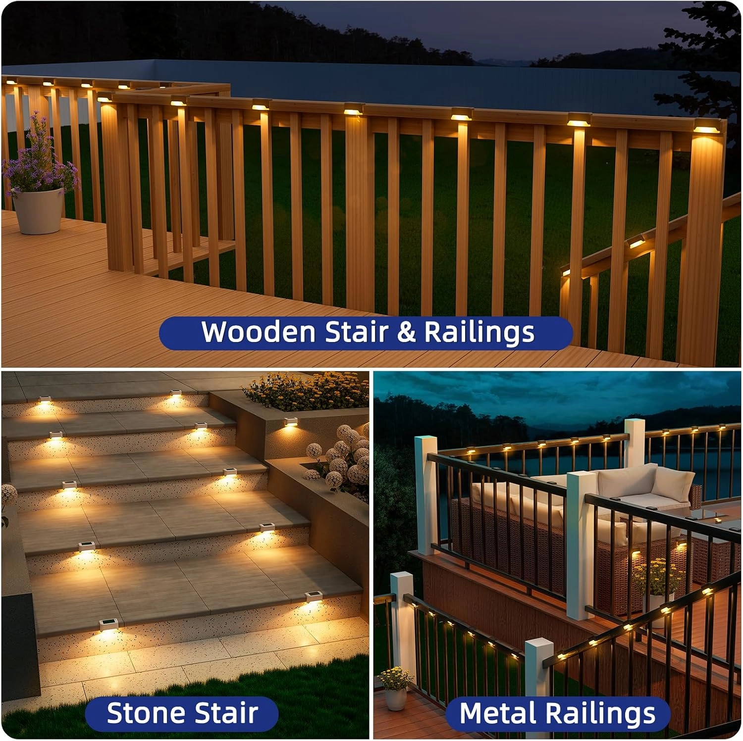 APONUO Solar Step Deck Fence Lights, Outdoor Waterproof Led, 1.77x3.14x1.73in, Black, Warm White, 16 Pcs, Path, Light, for Patio, Stairs, Garden Pathway, Step and Fences