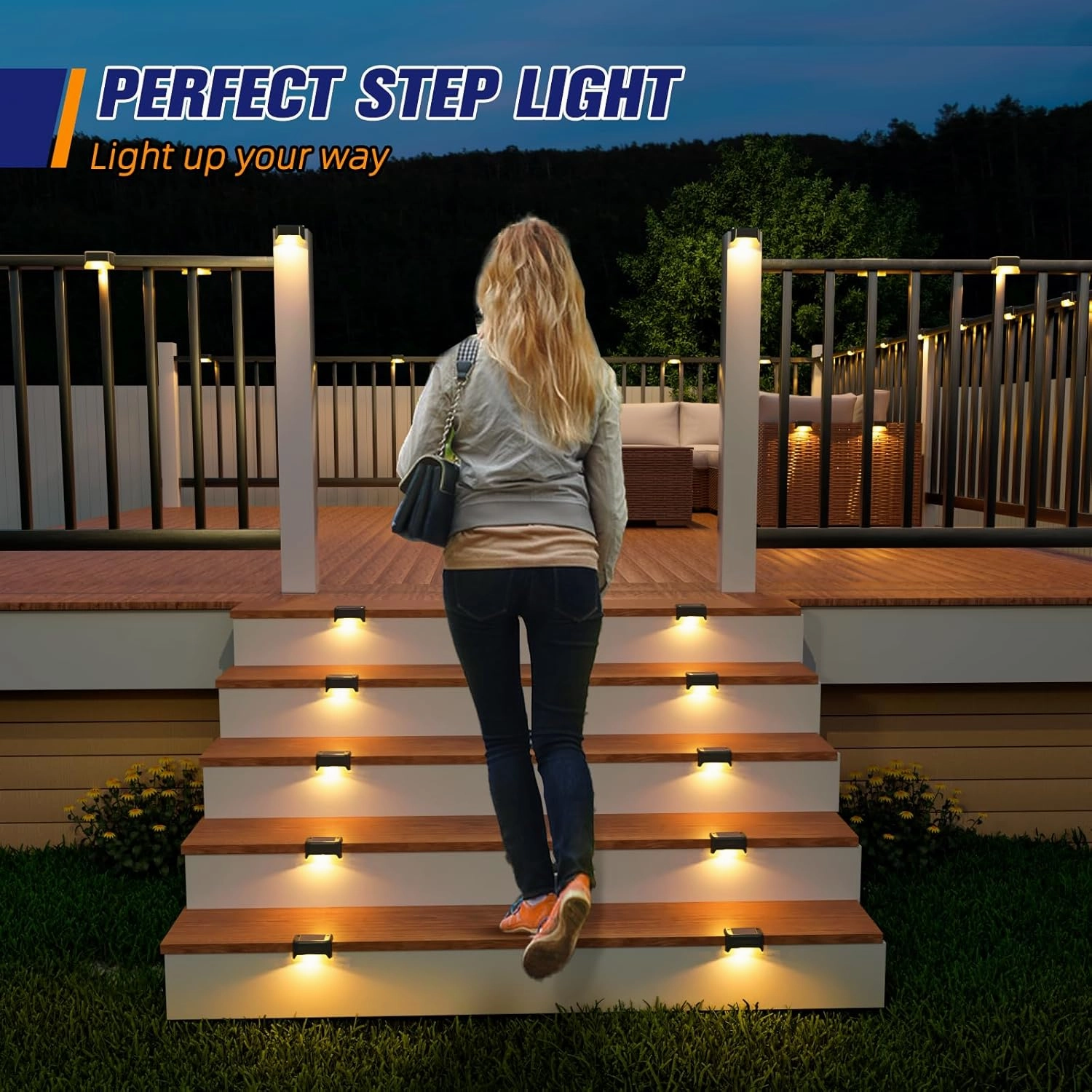 APONUO Solar Step Deck Fence Lights, Outdoor Waterproof Led, 1.77x3.14x1.73in, Black, Warm White, 16 Pcs, Path, Light, for Patio, Stairs, Garden Pathway, Step and Fences