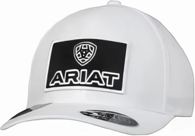 ARIAT Men's Flexfit 110 Performance Cap, White with Black Logo Patch, Water-Repellent Quick-Dry, Adjustable D-Ring Hook and Loop Closure