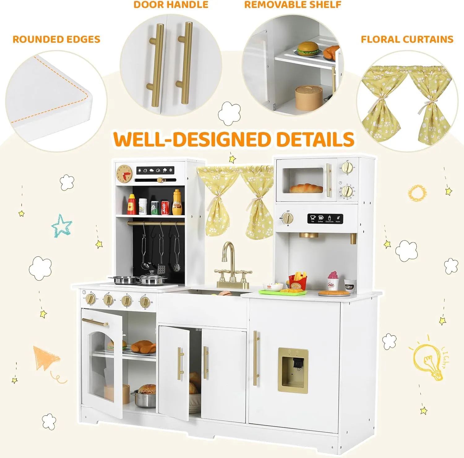 Arlopu Wooden Large Kid Play Kitchen Set, Safe Cooking Playset with Accessories, Stove, Oven, Sink, Storage Cabinet, Water Dispenser, Clock, Mini Kitchen for Girls and Boys (White)