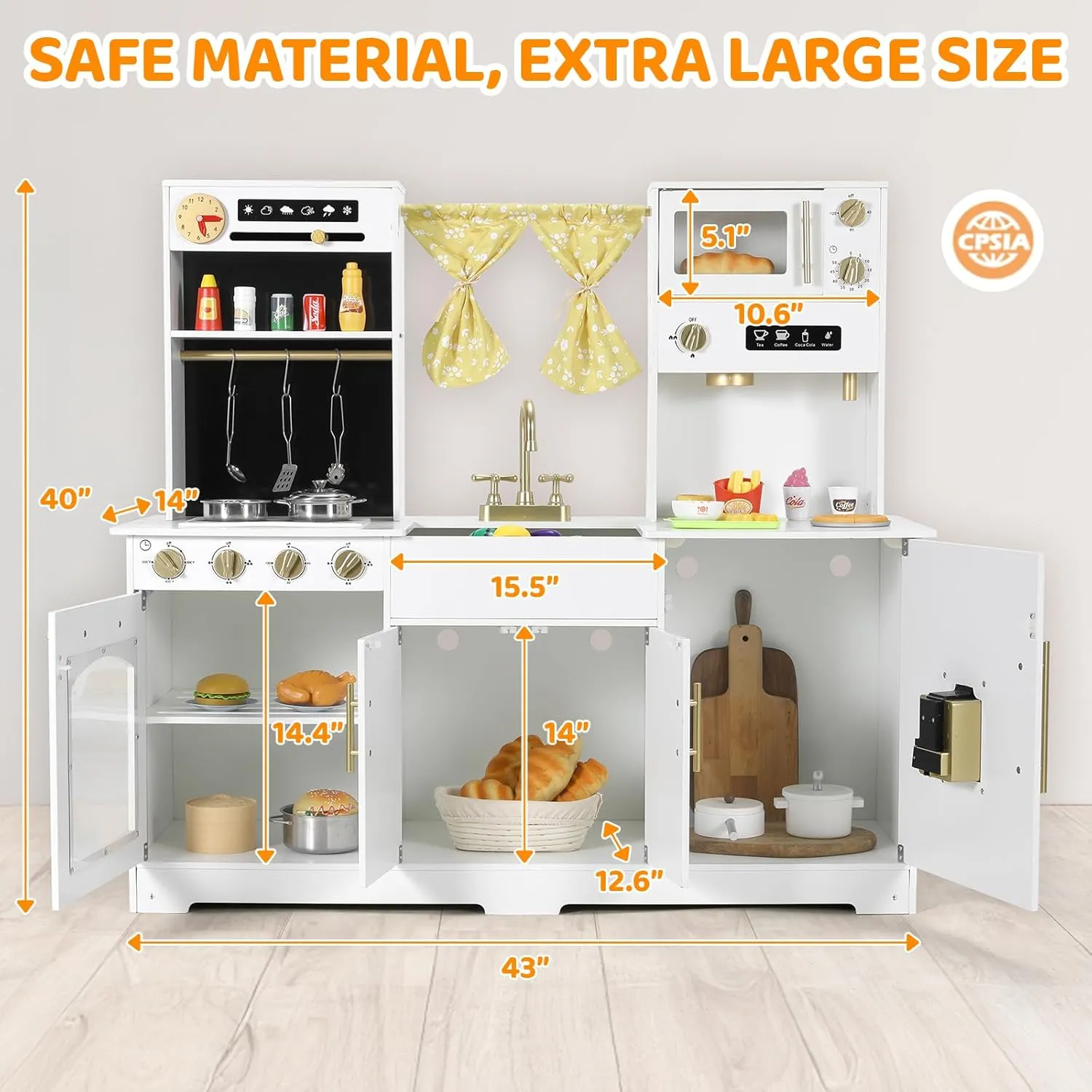 Arlopu Wooden Large Kid Play Kitchen Set, Safe Cooking Playset with Accessories, Stove, Oven, Sink, Storage Cabinet, Water Dispenser, Clock, Mini Kitchen for Girls and Boys (White)