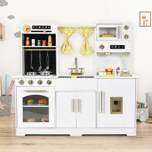 Arlopu Wooden Large Kid Play Kitchen Set, Safe Cooking Playset with Accessories, Stove, Oven, Sink, Storage Cabinet, Water Dispenser, Clock, Mini Kitchen for Girls and Boys (White)