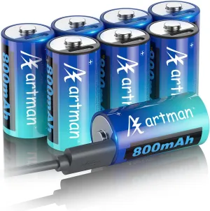 Artman CR123A 3V Lithium Battery 800mAh 8 Pack, Type-C CR123A Rechargeable Batteries CR17345 Battery Compatible with Arlo Cameras VMC3030 VMK3200 VMS3330 3430 3530, Flashlight Microphone