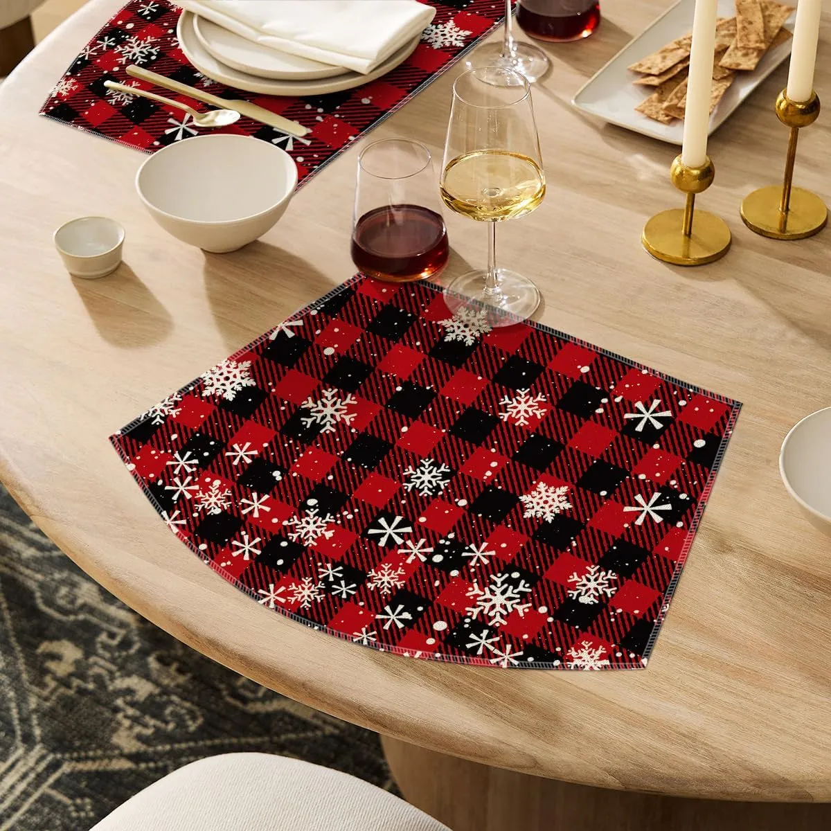Artoid Mode Christmas Buffalo Plaid Wedge Placemats for Round Table Set of 6, Winter Seasonal Kitchen Dining Table Decoration for Indoor Party Home