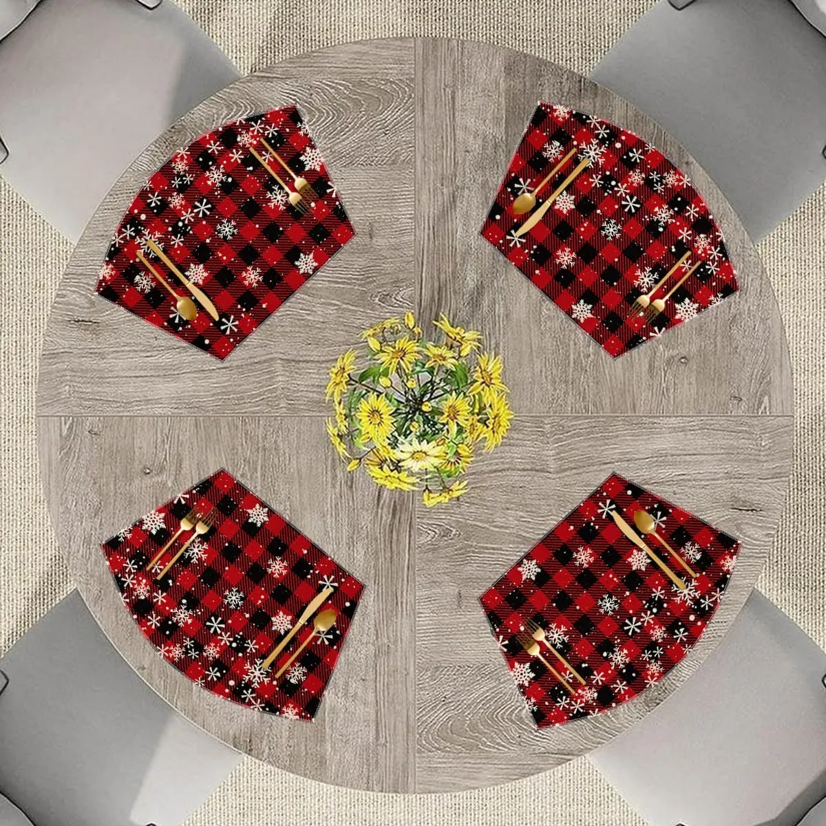 Artoid Mode Christmas Buffalo Plaid Wedge Placemats for Round Table Set of 6, Winter Seasonal Kitchen Dining Table Decoration for Indoor Party Home