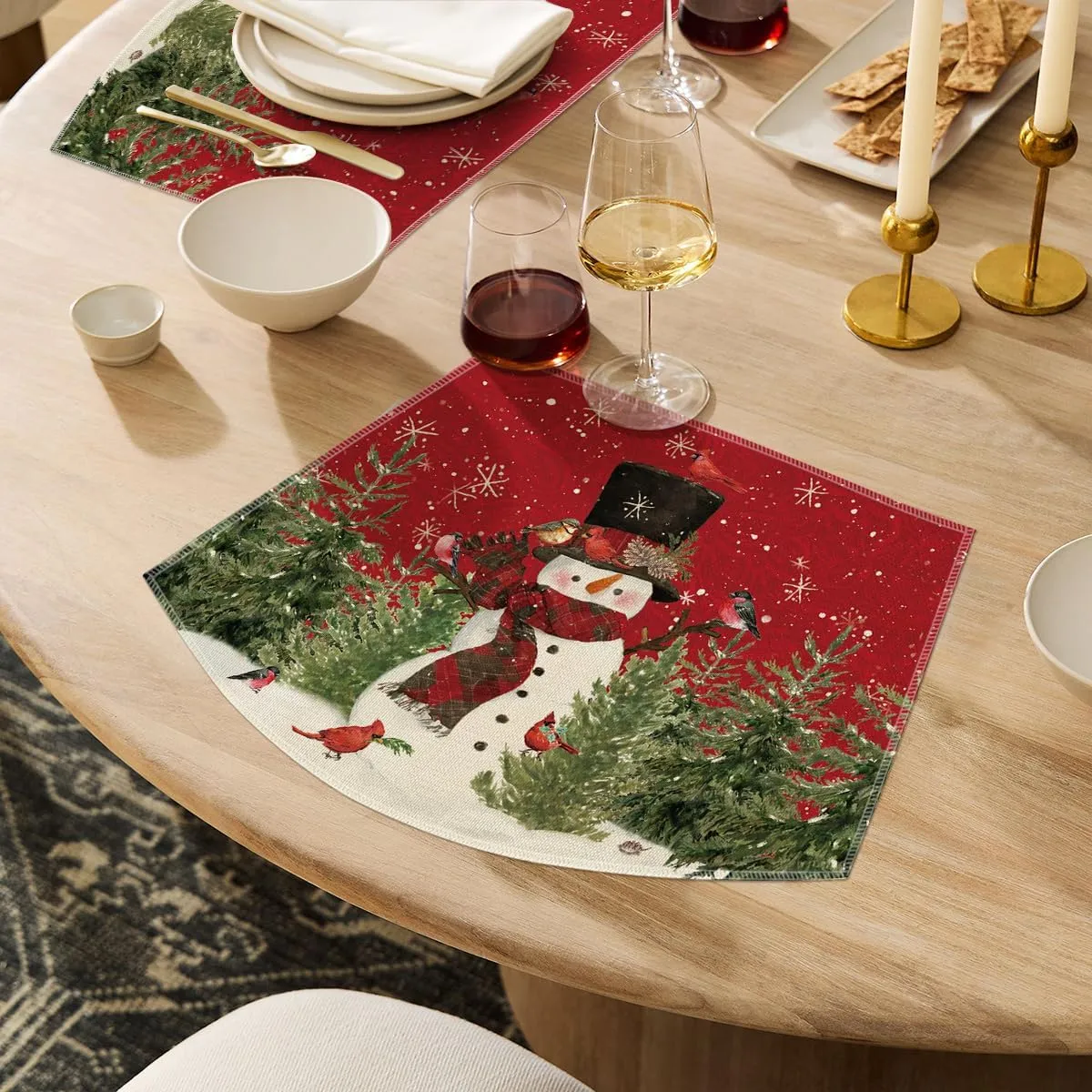 Artoid Mode Red Christmas Snowman Wedge Placemats for Round Table Set of 4, Winter Seasonal Kitchen Dining Table Decoration for Indoor Party Home