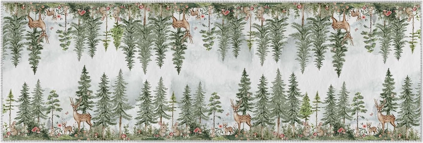 Artoid Mode Forest Deer Rabbit Baby Shower Runner Rug, Spring Summer Home Decor Low-Profile Non-Slip Washable Area Rug for Bathroom Entryway Bedroom Kitchen Laundry Room Indoor 2x6 Feet