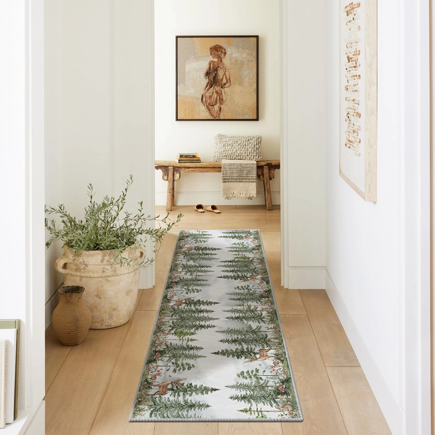 Artoid Mode Forest Deer Rabbit Baby Shower Runner Rug, Spring Summer Home Decor Low-Profile Non-Slip Washable Area Rug for Bathroom Entryway Bedroom Kitchen Laundry Room Indoor 2x6 Feet