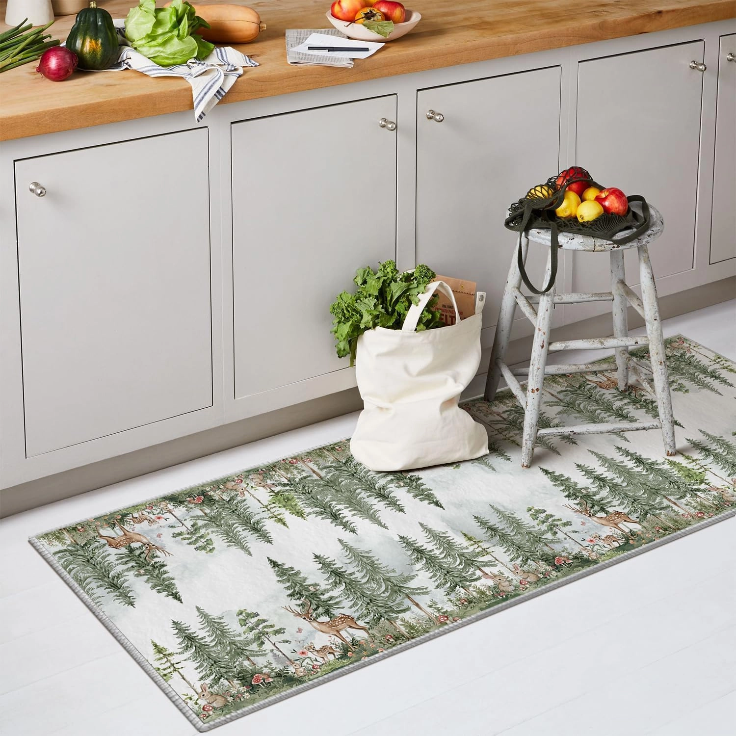 Artoid Mode Forest Deer Rabbit Baby Shower Runner Rug, Spring Summer Home Decor Low-Profile Non-Slip Washable Area Rug for Bathroom Entryway Bedroom Kitchen Laundry Room Indoor 2x6 Feet