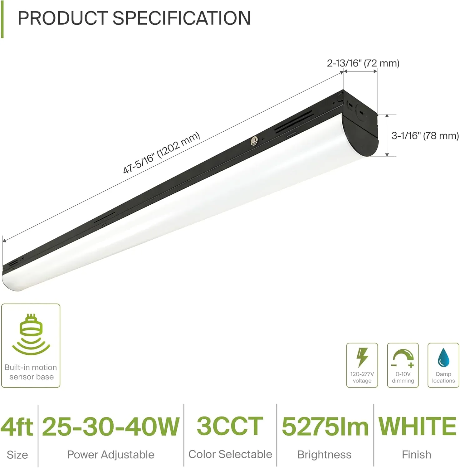 ASD Black 4ft LED Linear Strip Light Fixture with Emergency Battery Backup & Q-Base | 25W-40W 120-277V 3500K-5000K Linkable Architectural LED Shop Light | UL DLC Stairwell Certified Luminaire