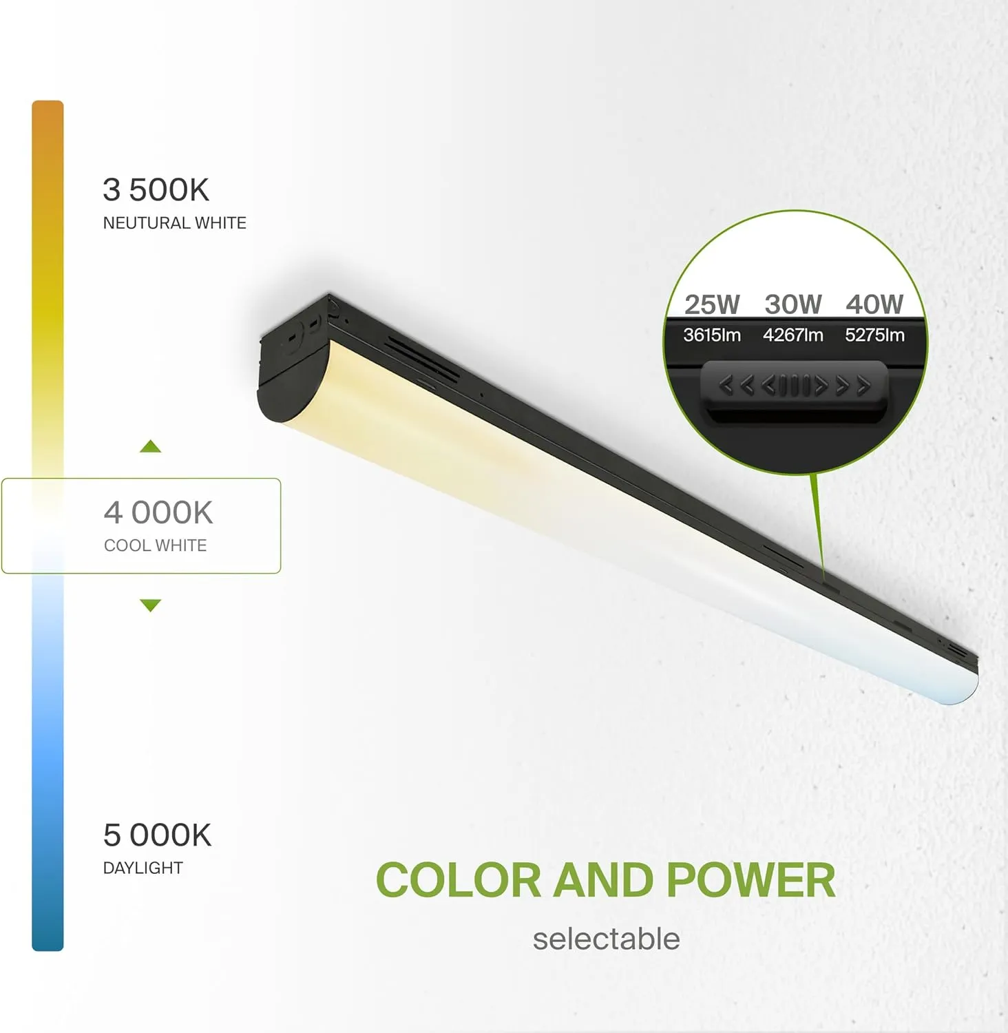 ASD Black 4ft LED Linear Strip Light Fixture with Emergency Battery Backup & Q-Base | 25W-40W 120-277V 3500K-5000K Linkable Architectural LED Shop Light | UL DLC Stairwell Certified Luminaire