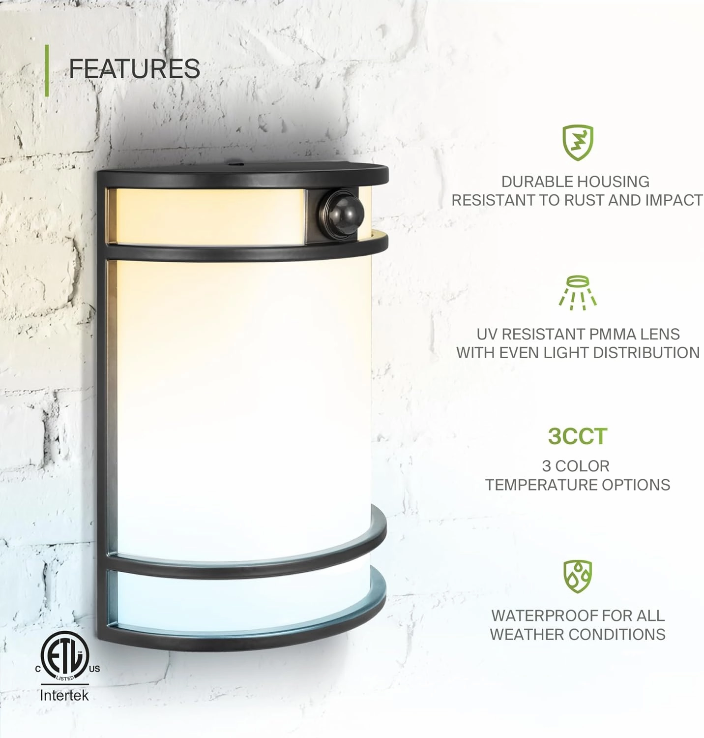 ASD 10 Inch LED Outdoor & Indoor Wall Mount Light Fixture with Motion Sensor - Black Wall Sconce Lighting - 15W 120-277V 3000K 4000K 5000K Adjustable Exterior Lights - Front Door & Patio - ETL