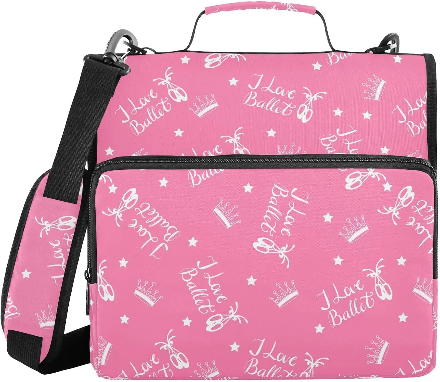 Aslsiy Zipper Binder I Love Ballet 1.5 inch 3-Ring Binder Organizer Pointe Shoes Crowns Trapper Keeper with Shoulder Strap for School Office Supplies
