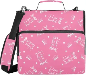 Aslsiy Zipper Binder I Love Ballet 1.5 inch 3-Ring Binder Organizer Pointe Shoes Crowns Trapper Keeper with Shoulder Strap for School Office Supplies