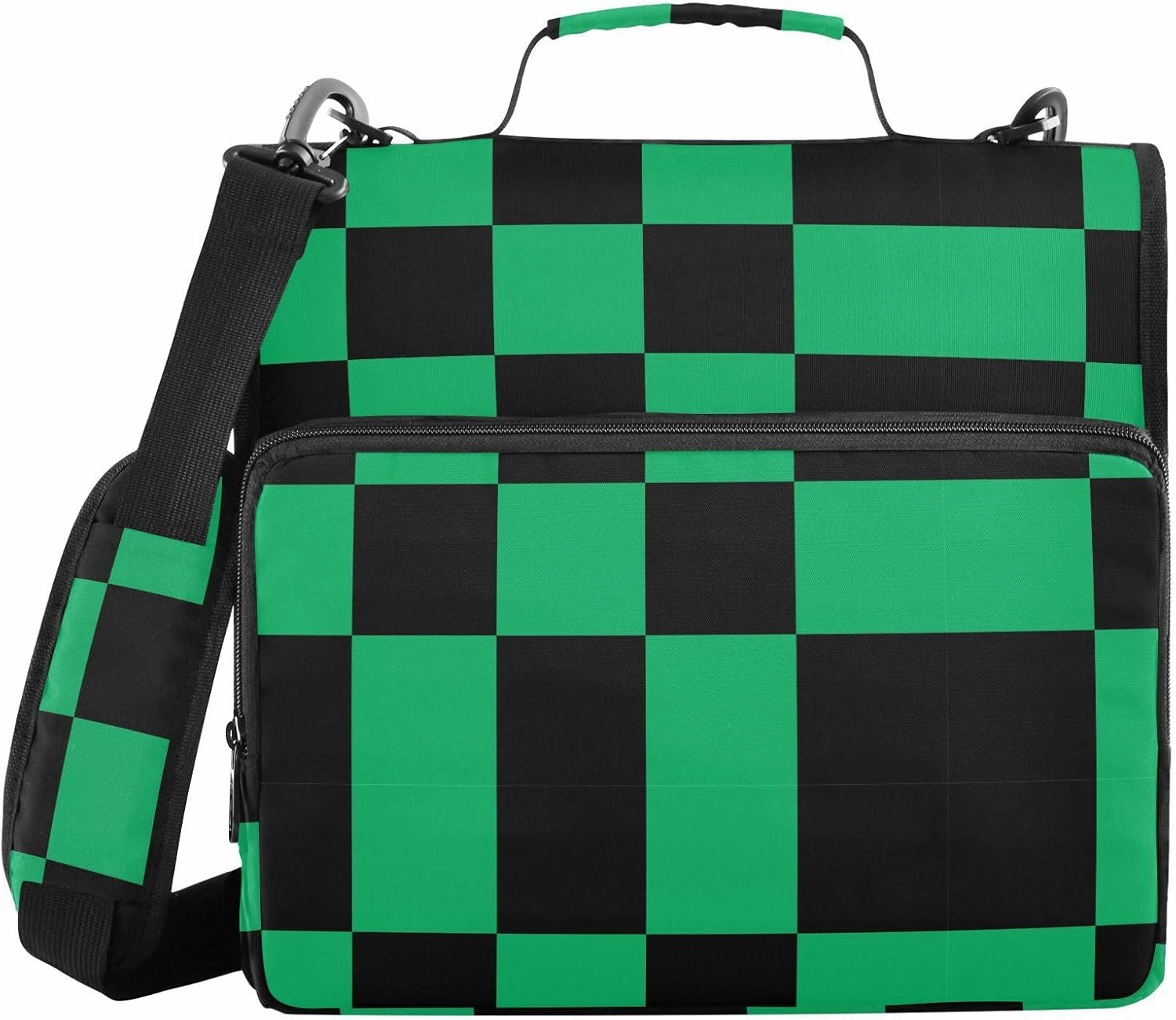 Aslsiy Zipper Binder Black and Green Checkered Meter 1.5 inch 3-Ring Binder Organizer Trapper Keeper with Shoulder Strap for School Office Supplies