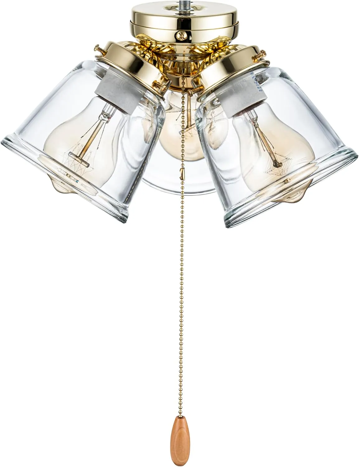 Aspen Creative 22015-1, Three-Light Ceiling Fan Light Kit with Pull Chain, Polished Brass Finish with Clear Glass Shades, 13-1/8" Diameter x 6-3/4" Height
