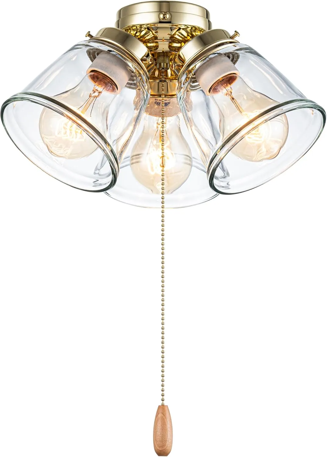 Aspen Creative 22015-1, Three-Light Ceiling Fan Light Kit with Pull Chain, Polished Brass Finish with Clear Glass Shades, 13-1/8" Diameter x 6-3/4" Height