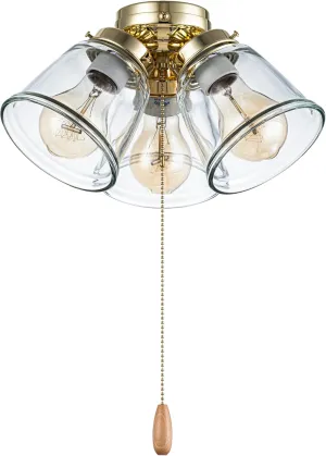 Aspen Creative 22015-1, Three-Light Ceiling Fan Light Kit with Pull Chain, Polished Brass Finish with Clear Glass Shades, 13-1/8" Diameter x 6-3/4" Height