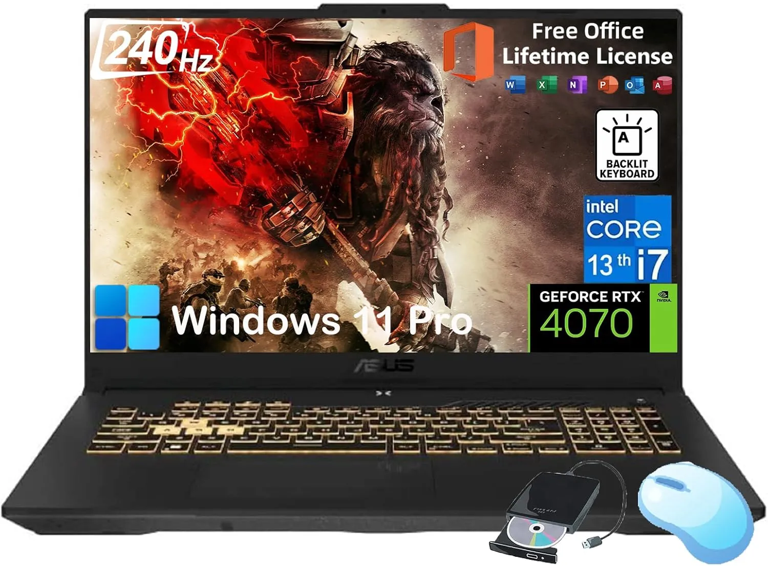 ASUS TUF F17 Gaming Laptop - 17.3" 2.5K WQHD 240 Hz Display, GeForce RTX 4070 Laptop, Intel i7-13620H, w/Office Lifetime, 64GB DDR5,4TB SSD, Windows 11 Pro, Backlit KB, Wi-Fi 6, External DVD Drive