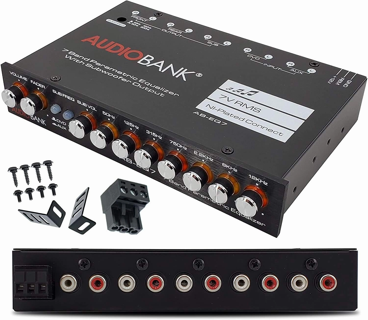 Audiobank EQ7 1/2 Din 7 Band Car Audio Equalizer EQ w/Front, Rear/Frequency Adjustable /3 RCA Input for Portable Devices   Subwoofer Output Built-in 43-120Hz, 60-200Hz