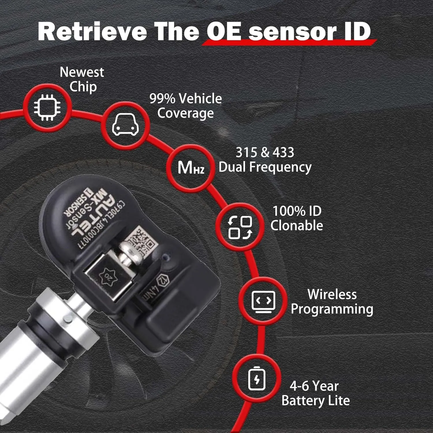 Autel MX Sensors TPMS Sensors 20pcs Universal Tire Sensor Dual Frequency 315MHz/433MHz Autel TPMS Sensor Metal Stem Programmable by TS508 TS408 TS508WF TS608 MS906TS ITS600 MS906PRO-TS