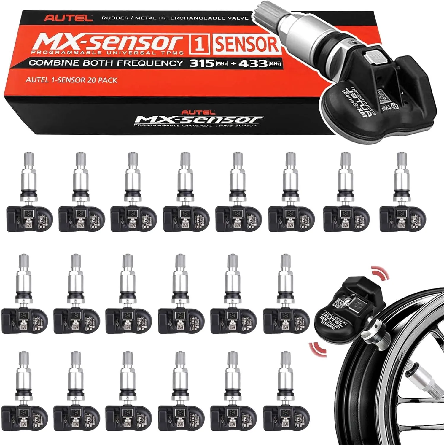 Autel MX Sensors TPMS Sensors 20pcs Universal Tire Sensor Dual Frequency 315MHz/433MHz Autel TPMS Sensor Metal Stem Programmable by TS508 TS408 TS508WF TS608 MS906TS ITS600 MS906PRO-TS