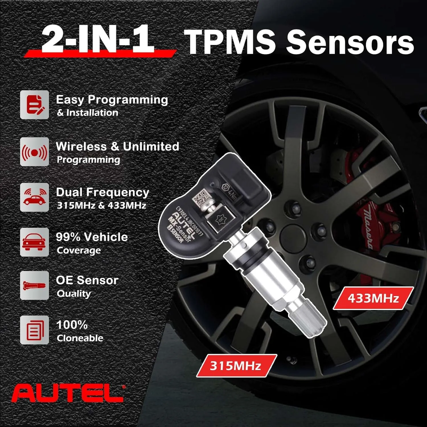 Autel MX Sensors TPMS Sensors 20pcs Universal Tire Sensor Dual Frequency 315MHz/433MHz Autel TPMS Sensor Metal Stem Programmable by TS508 TS408 TS508WF TS608 MS906TS ITS600 MS906PRO-TS