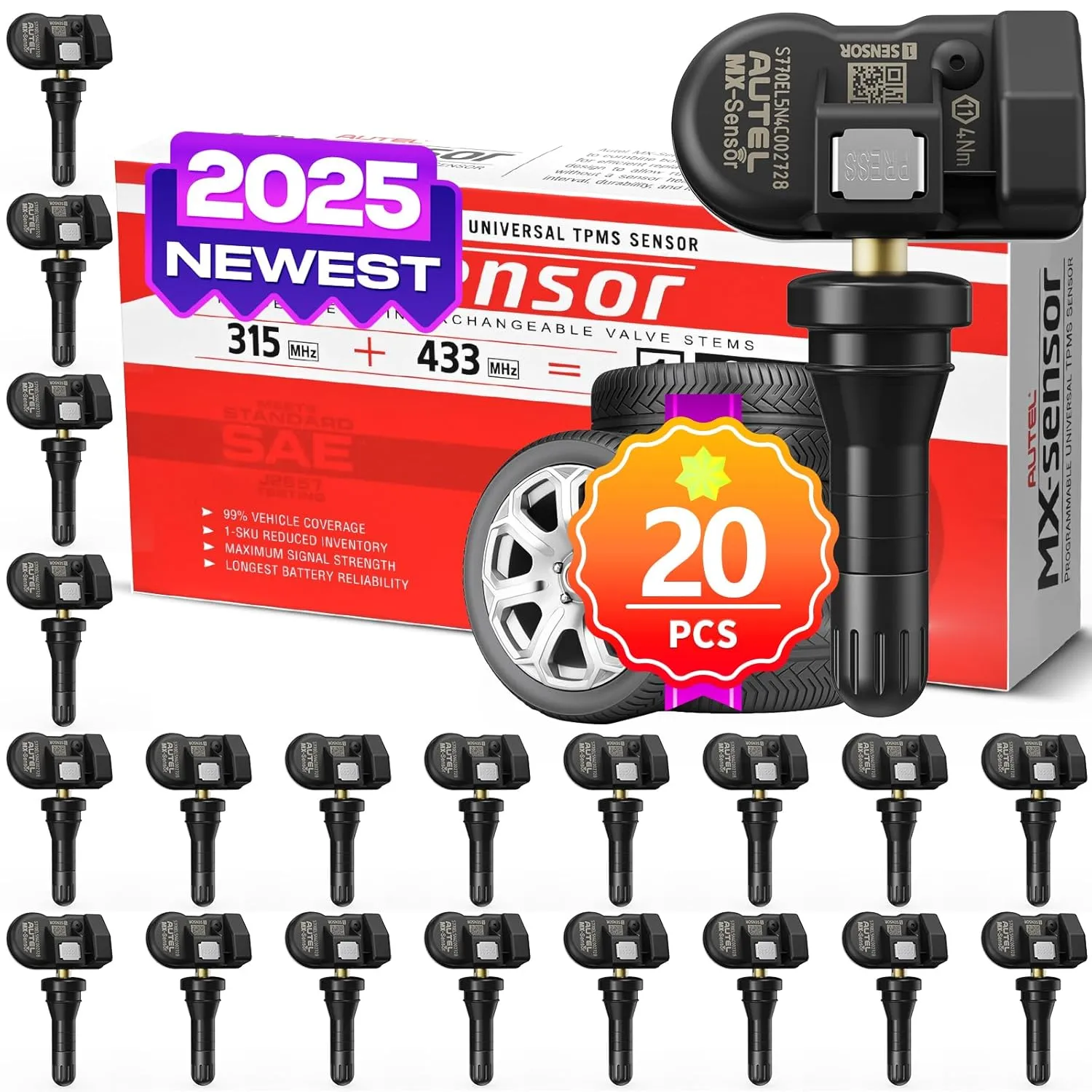 Autel TPMS MX Sensor 20 Pack, 315MHz/433MHz Tire Pressure Sensor, Universal Rubber Stem Programmed by TS408 TS508 WF TS601 TS608 MK808TS MS906PRO-TS ITS600 TPMS Tool