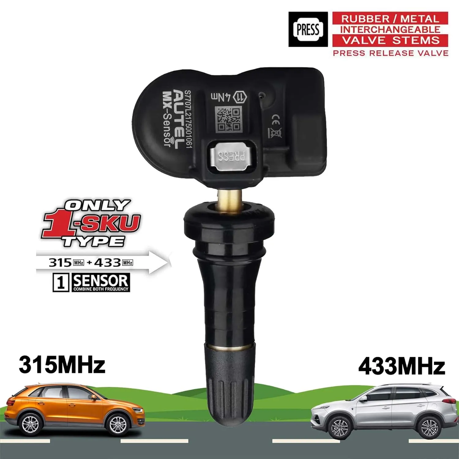 Autel TPMS Sensors, MX Sensor, MaxiTPMS Tire Pressure Sensor, 2 in 1(315MHz   433MHz) Press-in OE-Level Programmed by TS508 TS408 TS508WF TS608 MS906TS ITS600 MS906PRO-TS (Rubber valves)