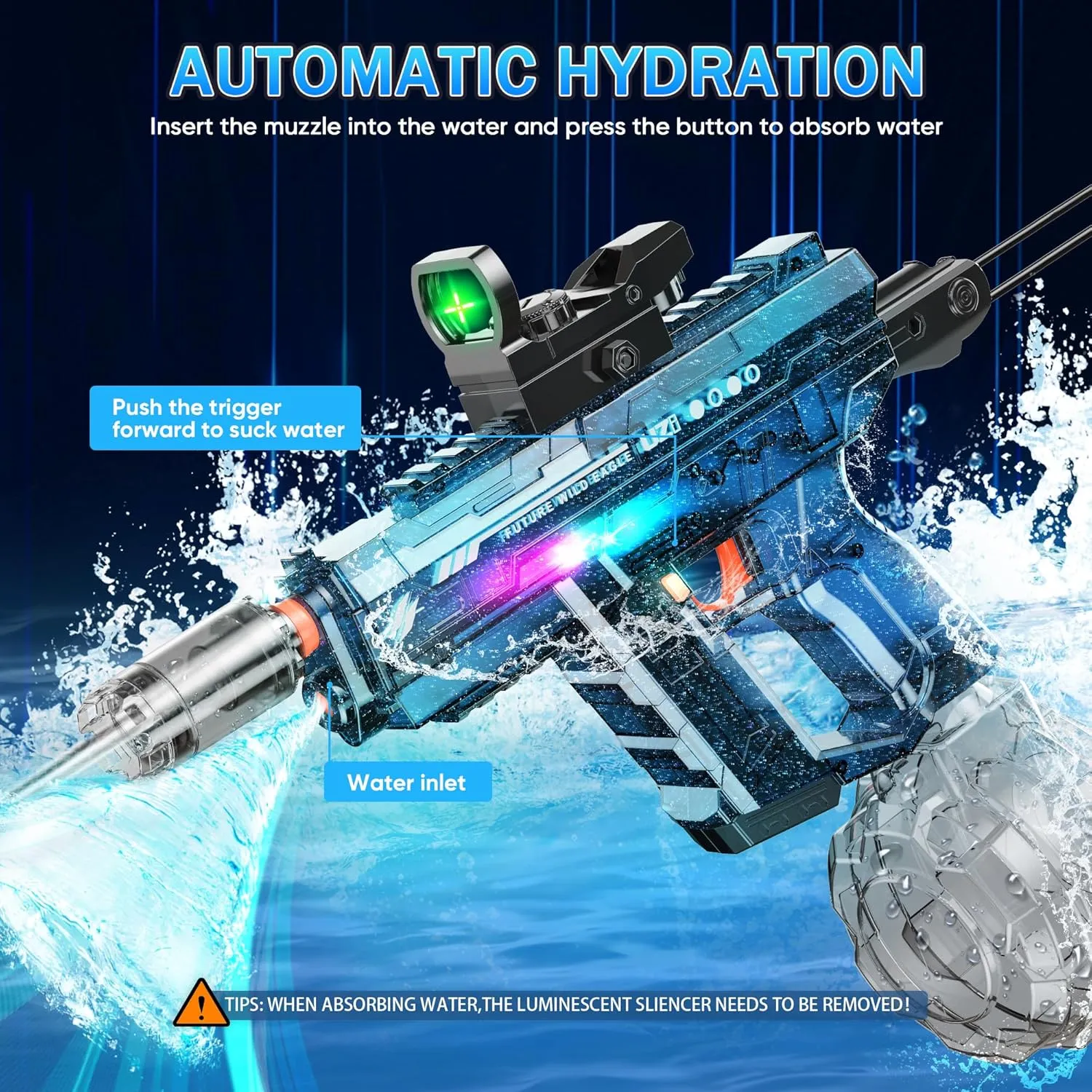 Automatic Electric Water Gun with LED Effects, Auto Water Suction Powerful Squirt Guns Pistol for Adults Kids, Auto Water Blaster Pistol Outdoor Summer Toys for Pool Beach Party (Dark Blue)