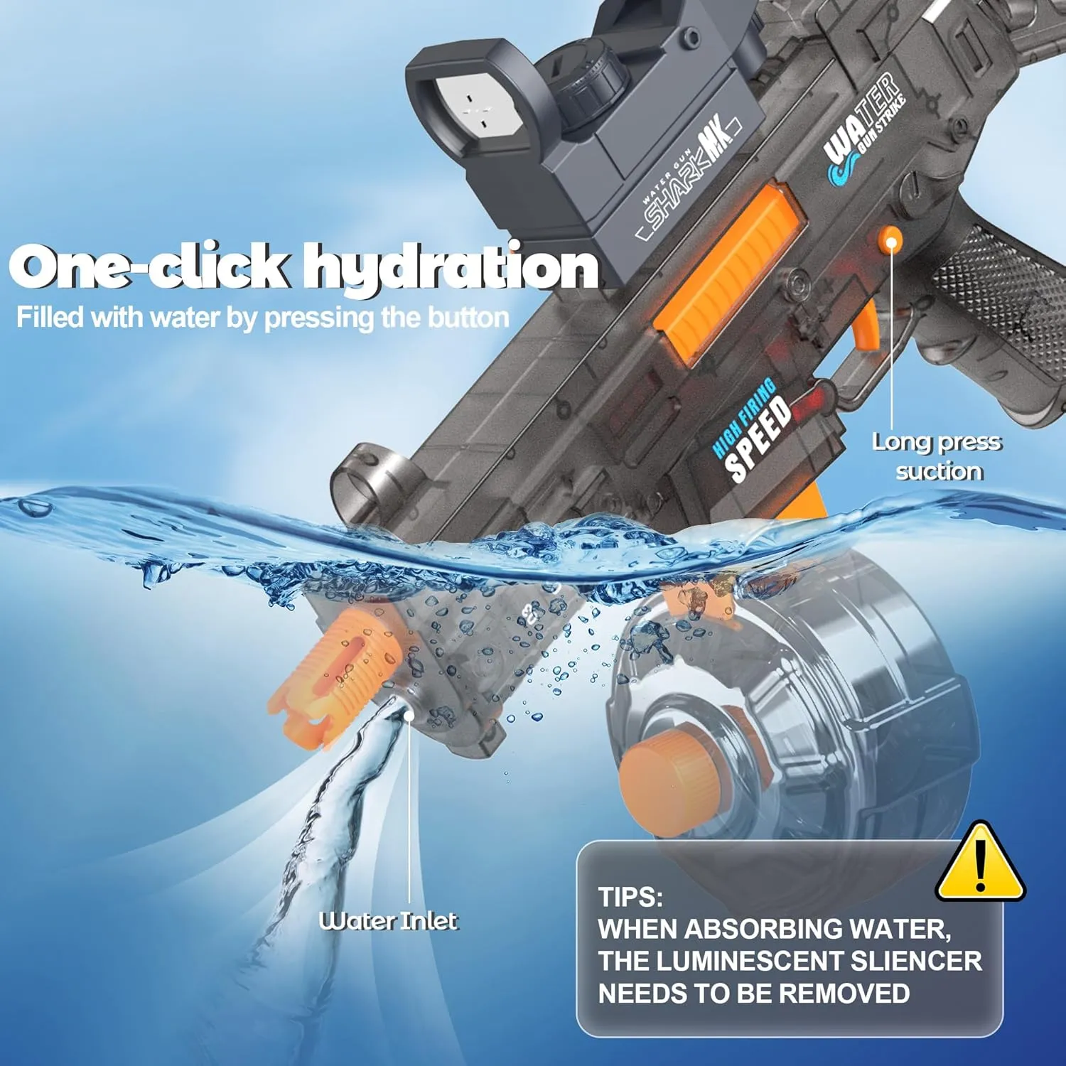 Automatic Electric Water Gun with LED Effects, Auto Water Suction Powerful Squirt Guns Pistol for Adults Kids, Auto Water Blaster Pistol Outdoor Summer Toys for Pool Beach Party (Grey)