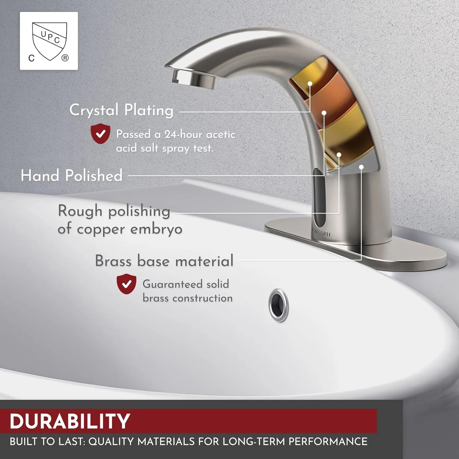 Automatic Motion Sensor Hands Free Electronic Infrared Smart Commercial Touchless Bathroom Sink Faucet with Cover Plate Temperature Mixer Battery or Plug-in Powered Brushed Nickel