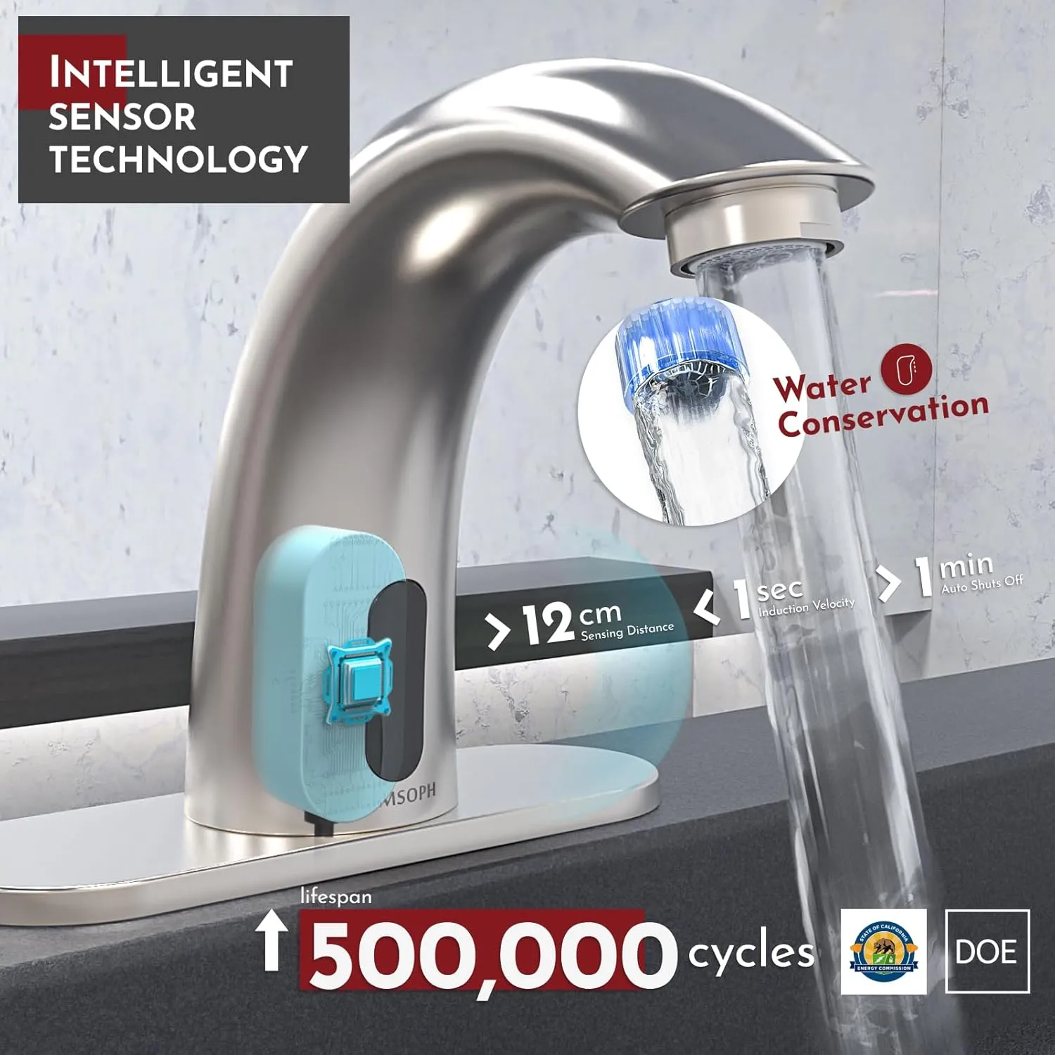 Automatic Motion Sensor Hands Free Electronic Infrared Smart Commercial Touchless Bathroom Sink Faucet with Cover Plate Temperature Mixer Battery or Plug-in Powered Brushed Nickel