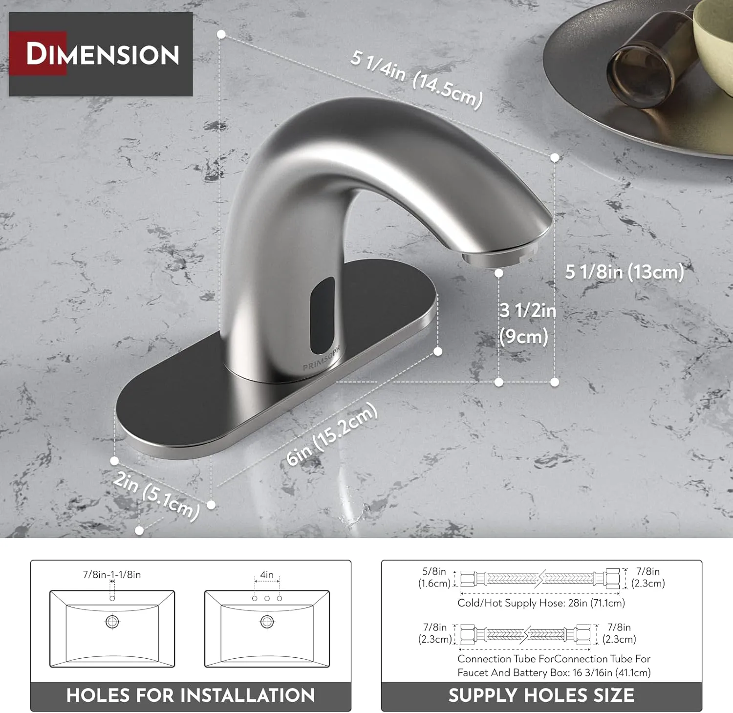 Automatic Motion Sensor Hands Free Electronic Infrared Smart Commercial Touchless Bathroom Sink Faucet with Cover Plate Temperature Mixer Battery or Plug-in Powered Brushed Nickel