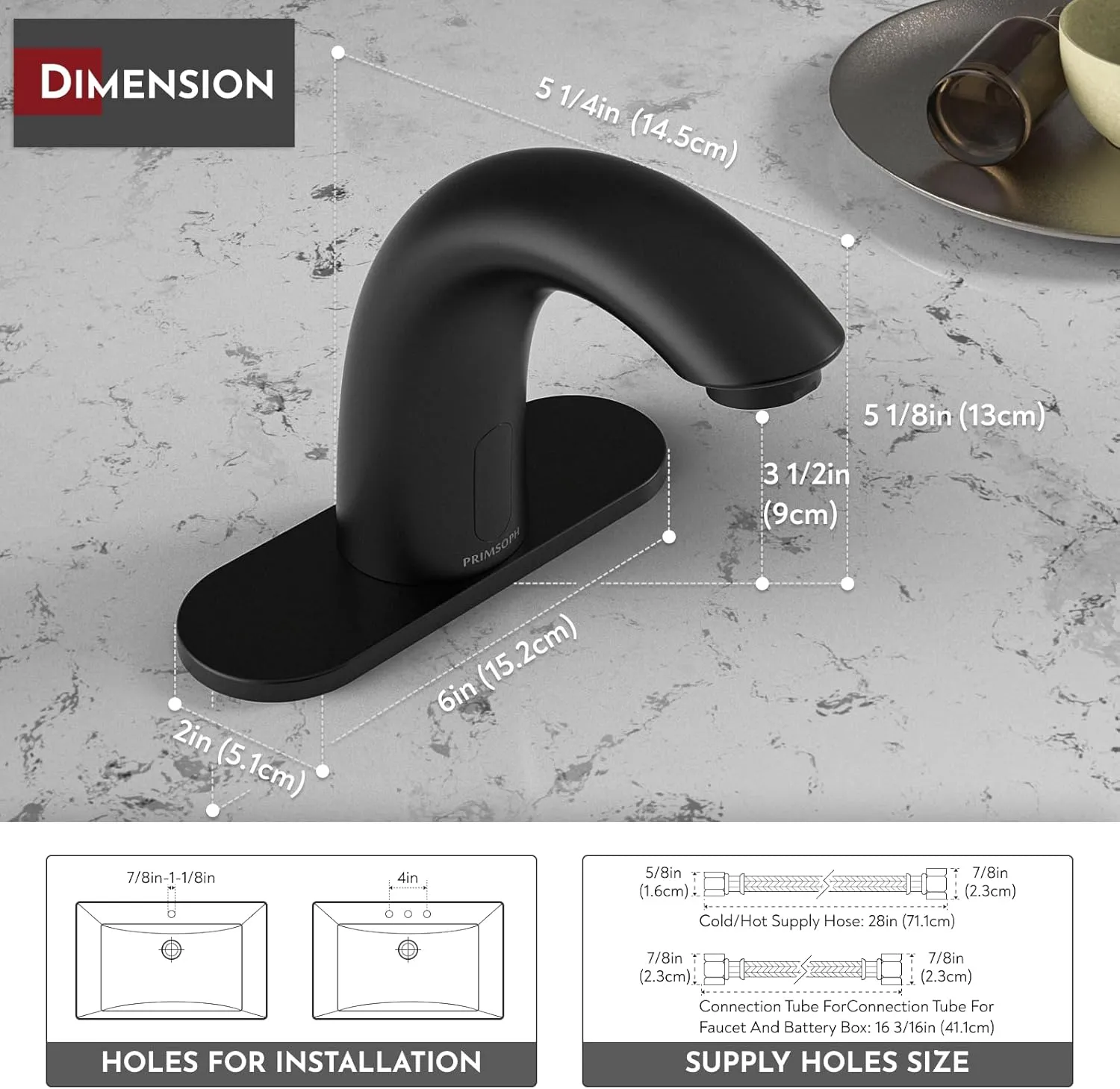 Automatic Motion Sensor Hands Free Electronic Infrared Smart Commercial Touchless Bathroom Sink Faucet with Cover Plate Temperature Mixer Battery or Plug-in Powered Matte Black