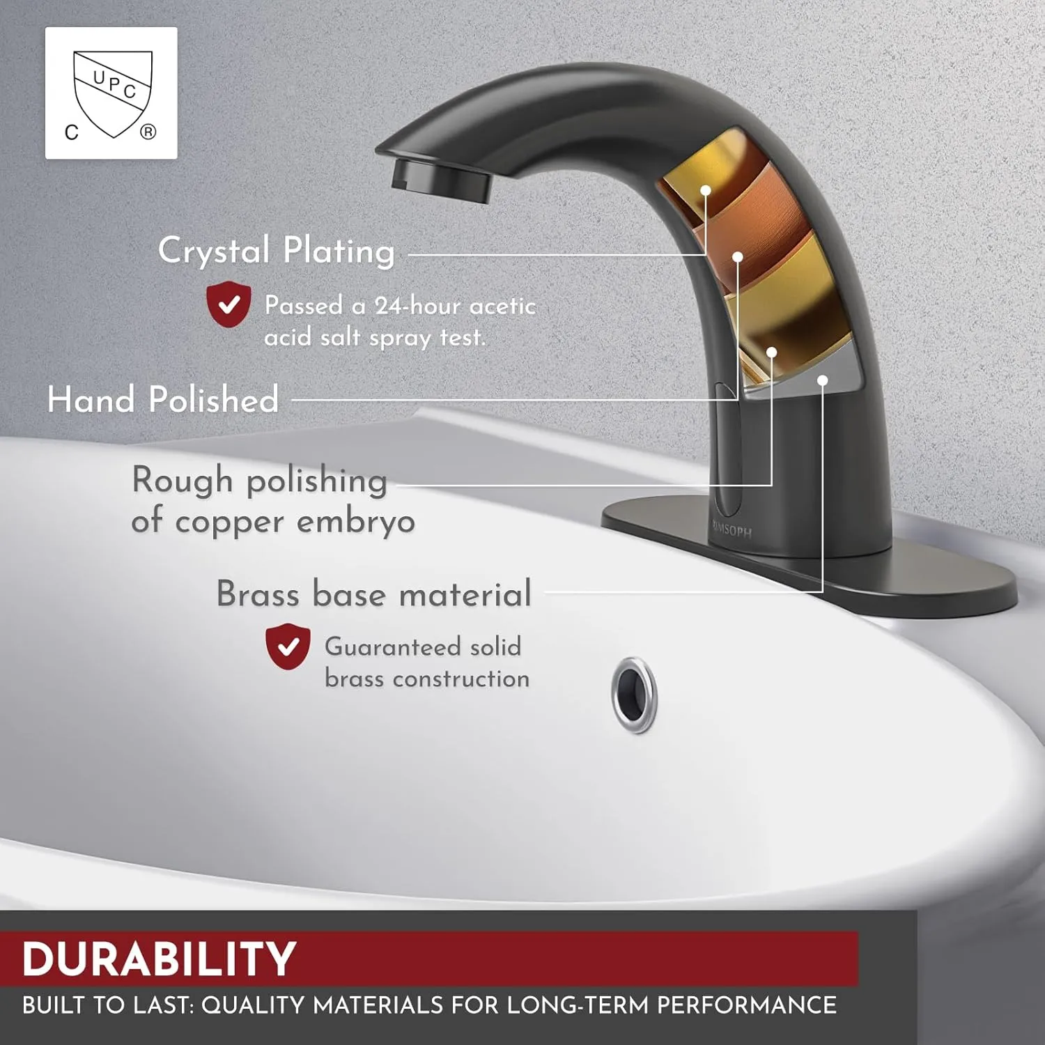 Automatic Motion Sensor Hands Free Electronic Infrared Smart Commercial Touchless Bathroom Sink Faucet with Cover Plate Temperature Mixer Battery or Plug-in Powered Matte Black
