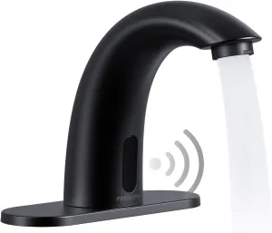 Automatic Motion Sensor Hands Free Electronic Infrared Smart Commercial Touchless Bathroom Sink Faucet with Cover Plate Temperature Mixer Battery or Plug-in Powered Matte Black