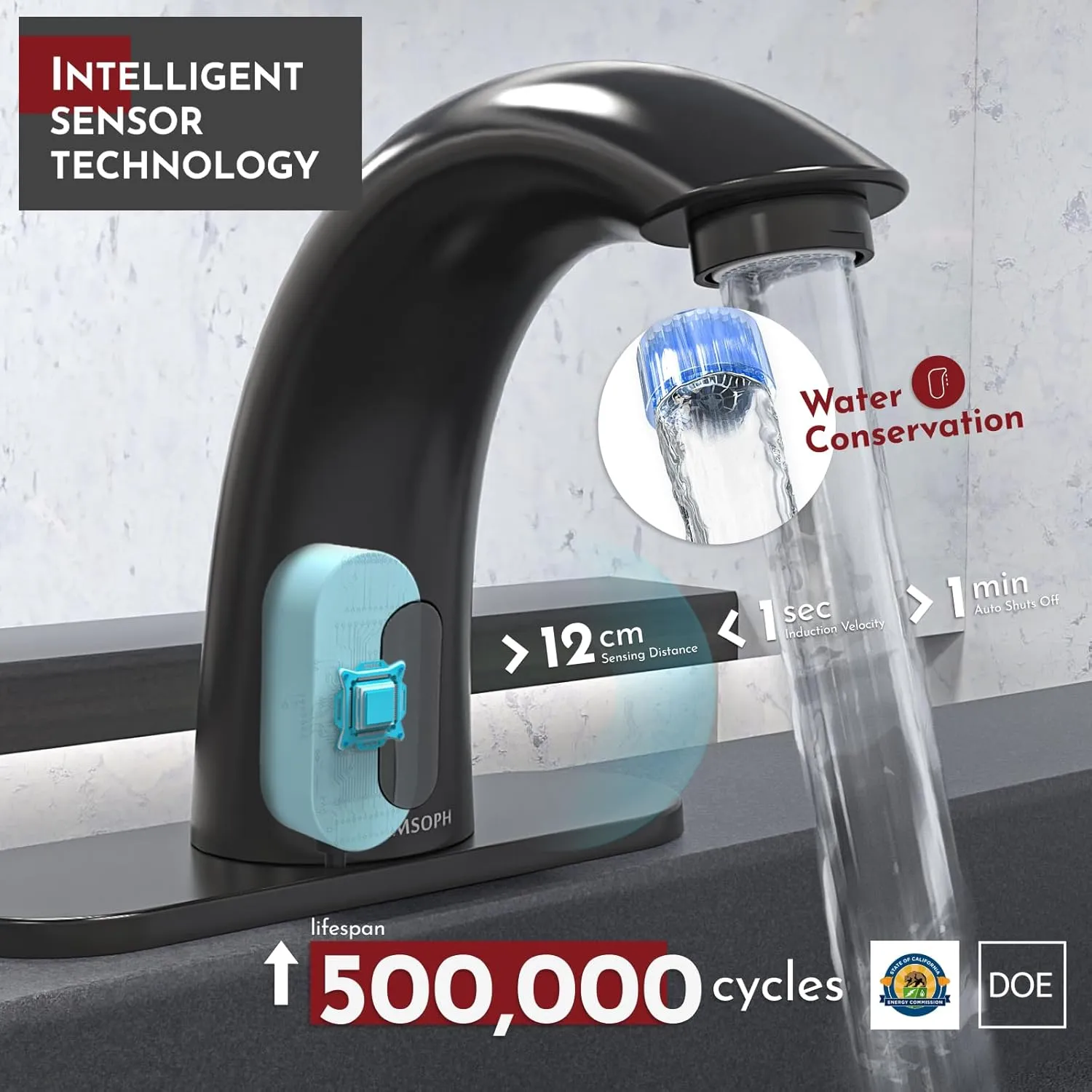 Automatic Motion Sensor Hands Free Electronic Infrared Smart Commercial Touchless Bathroom Sink Faucet with Cover Plate Temperature Mixer Battery or Plug-in Powered Matte Black