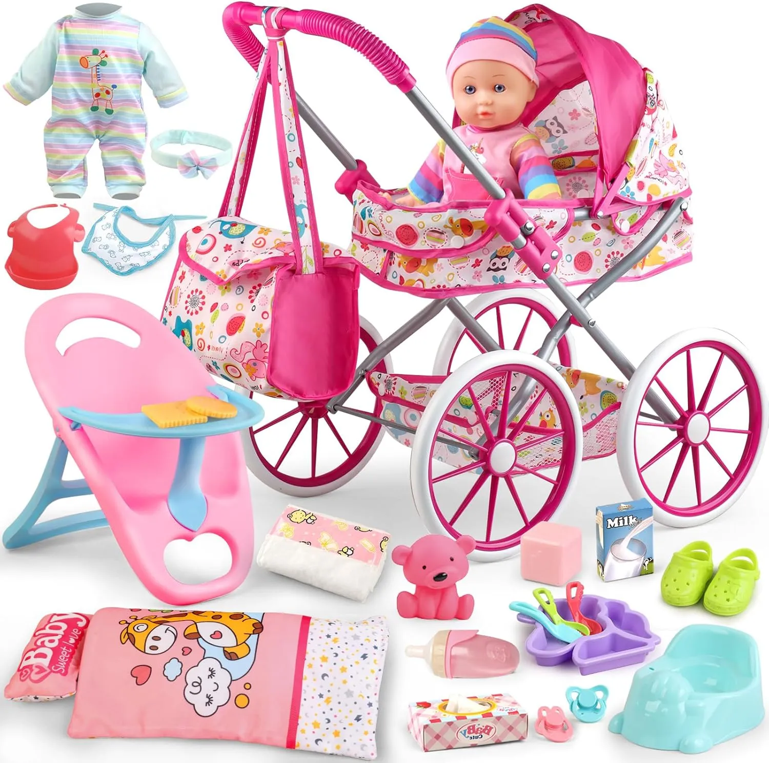 Baby Doll Stroller Toys Set with 12.5" Baby Doll,Dining Chair,Quilt Pillow,24 PCS Baby Doll Accessories and 2 Sets Doll Clothes,Baby Stroller Toys for Girls Toddlers 3-5 4-6 5-7 Gifts for Pretend Play
