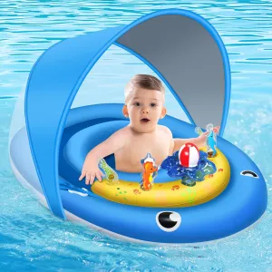 Baby Pool Float with Canopy UPF50  Sun Protection, 6-24 Months Inflatable Infant Swimming Ring, Bath Floatie, Swimming Pool Accessories, and Toy Play Console with Adjustable Safety Seat