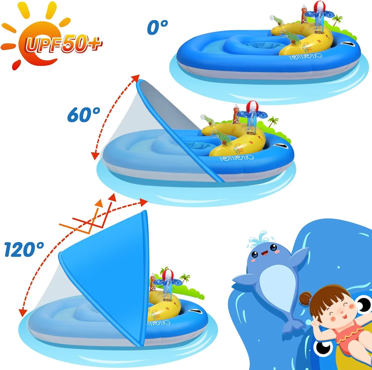 Baby Pool Float with Canopy UPF50  Sun Protection, 6-24 Months Inflatable Infant Swimming Ring, Bath Floatie, Swimming Pool Accessories, and Toy Play Console with Adjustable Safety Seat