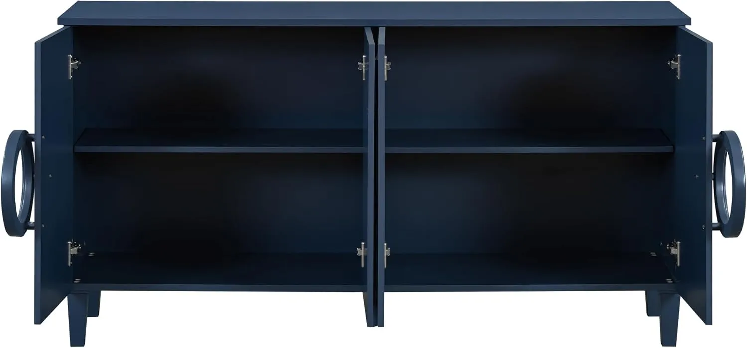 Ball & Cast Modern 4-Doors Sideboard Cabinet w/Special Round Ring Handle, Classic Wood Decorative Chest French Entryway Console Table for Kitchen Dining Room Living Room Hallway, Navy Blue