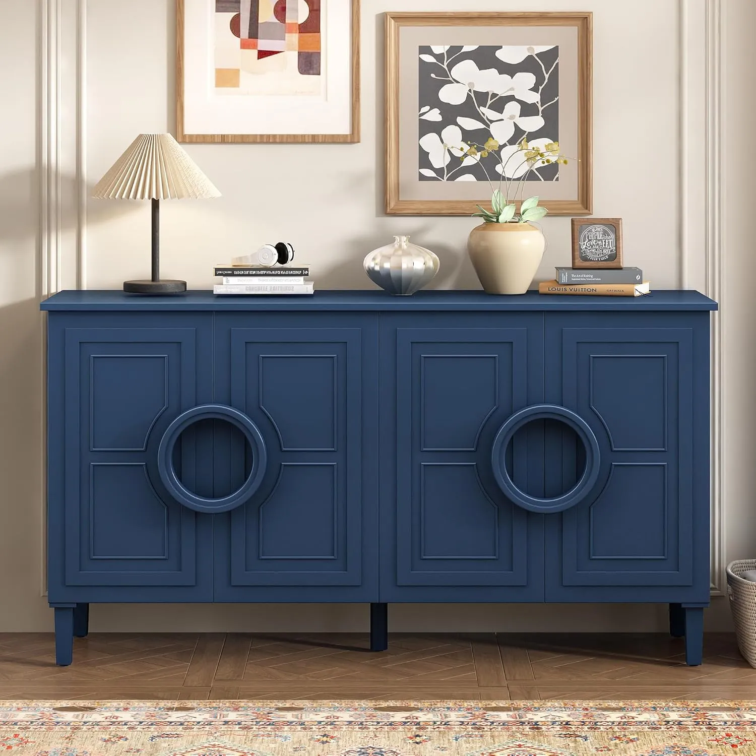 Ball & Cast Modern 4-Doors Sideboard Cabinet w/Special Round Ring Handle, Classic Wood Decorative Chest French Entryway Console Table for Kitchen Dining Room Living Room Hallway, Navy Blue
