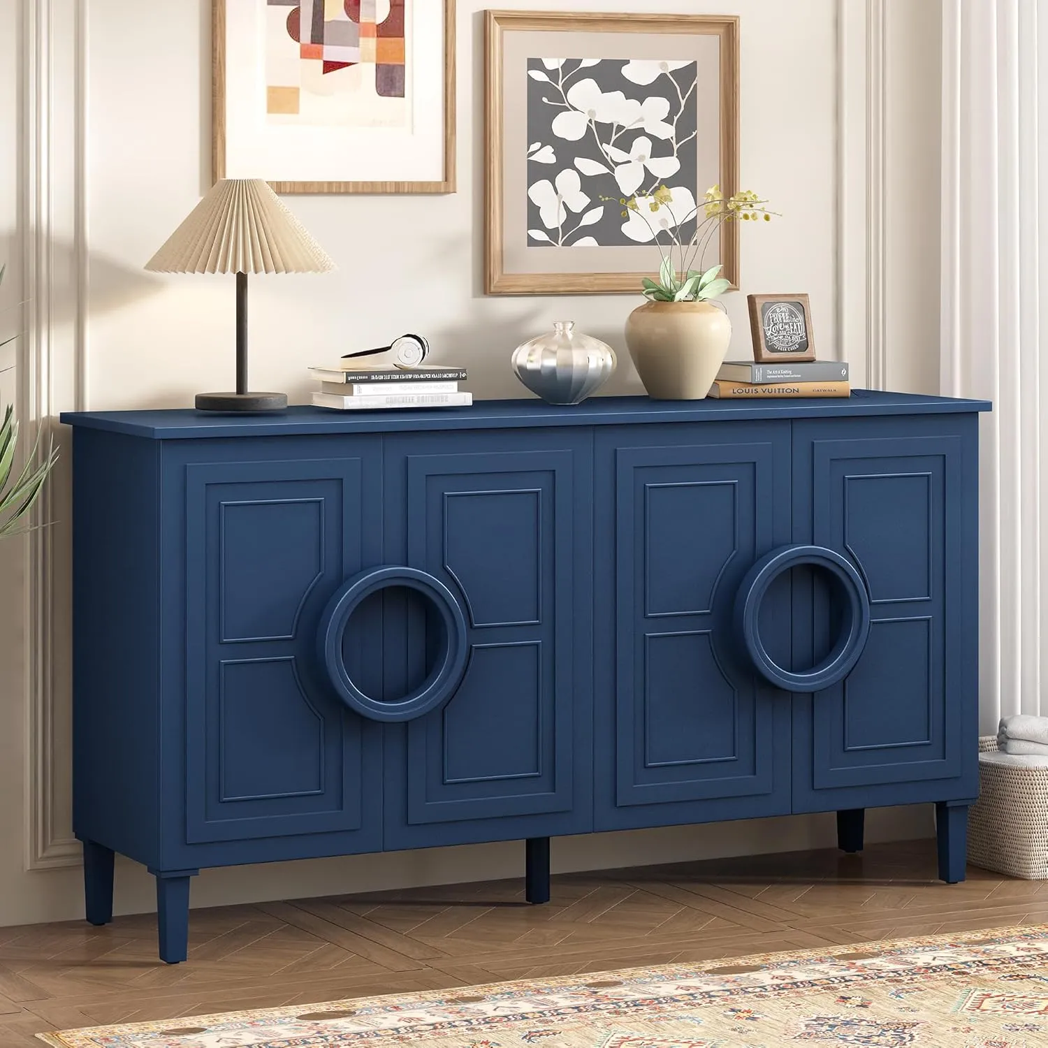 Ball & Cast Modern 4-Doors Sideboard Cabinet w/Special Round Ring Handle, Classic Wood Decorative Chest French Entryway Console Table for Kitchen Dining Room Living Room Hallway, Navy Blue