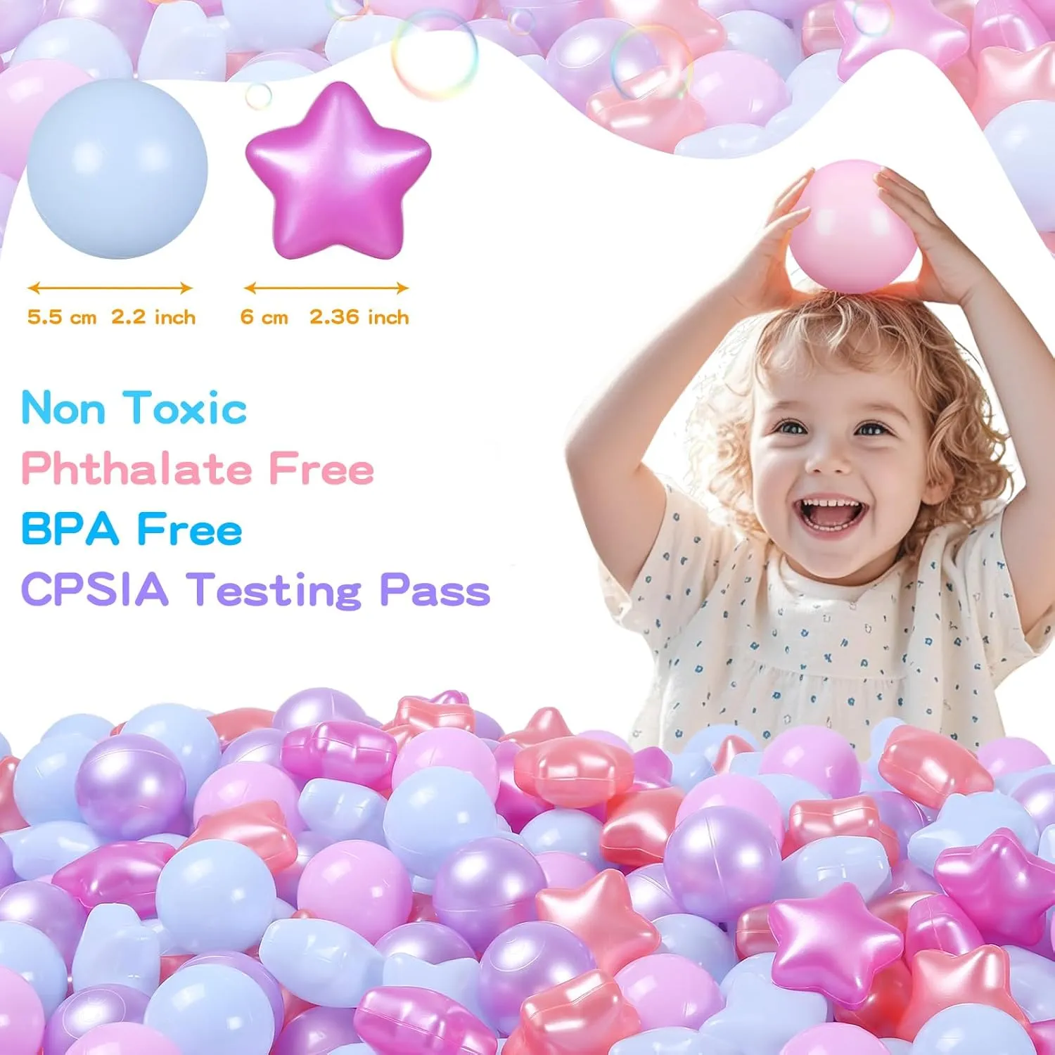 Ball Pit Balls and Stars, 100 200 500 Pieces Plastic Toy Balls for Kids Toddllers Baby Girls Ball Pits, Bounce House, Play Tent, Baby Pool Water Toys,Party Banner Props